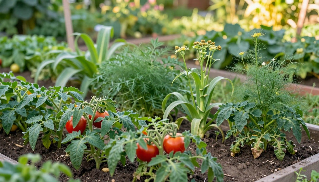 A vibrant garden scene featuring tomato plants growing in the foreground, surrounded by uninviting companion plants that are traditionally avoided, such as corn, potatoes, and fennel. The tomato plants are lush and green, with bright red tomatoes peeking through the foliage. In contrast, the problematic plants appear unhealthy and out of place, with wilted leaves and sparse growth. The middle ground shows a variety of these plants displayed in disarray, while a soft-focus background depicts a peaceful garden setting under gentle sunlight, casting warm tones across the scene. The mood is educational yet serene, emphasizing the importance of plant compatibility in gardening. The image is captured at eye level with a shallow depth of field, highlighting the contrast between the thriving tomatoes and the struggling companion plants.