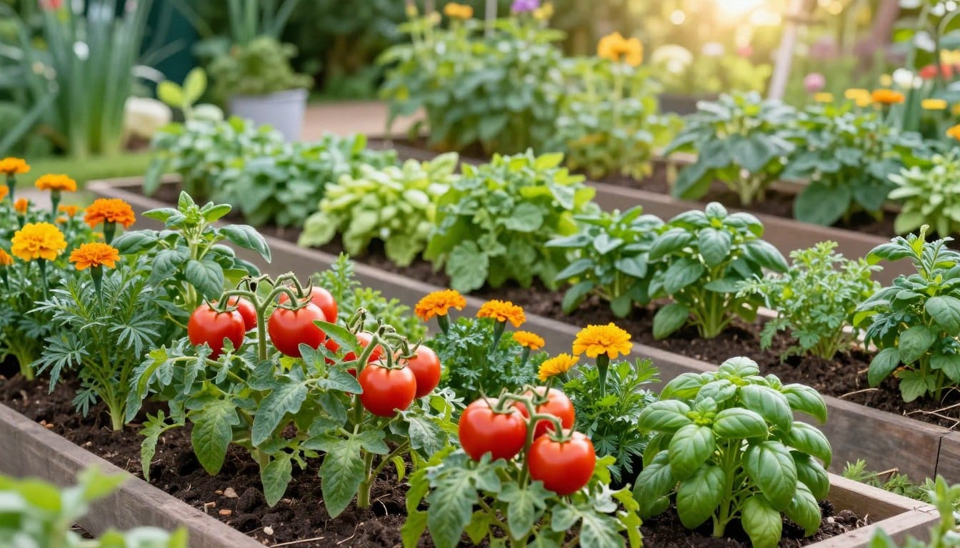 A beautifully arranged vegetable garden showcasing tomato companion plants. In the foreground, vibrant tomato plants with lush green leaves and ripe red fruits, interspersed with companion plants like basil, marigolds, and parsley. The middle section features well-spaced rows of these plants, illustrating ideal garden spacing for optimal growth, designed with a variety of heights and colors to create visual interest. The background includes a soft-focus lush garden, with a hint of a garden path leading into the distance, dappled sunlight filtering through verdant leaves, creating a warm and inviting atmosphere. Captured with a shallow depth of field, this image emphasizes the plants while giving a sense of depth and tranquility in the garden setting.