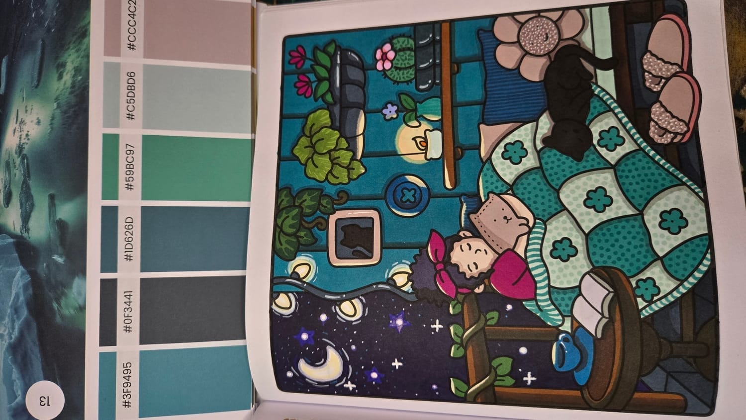 A completed coloring page from Girl Moments by Coco Wyo, featuring a girl snuggling a blanket on her balcony at night.
