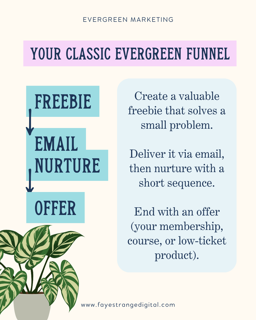 Infographic showing the classic evergreen funnel: Freebie → Email Nurture → Offer. Includes text explaining how to create a valuable freebie, deliver it via email, nurture subscribers with a short sequence, and end with an offer such as a membership, course, or low-ticket product. Design features teal boxes, navy text, and a green houseplant illustration.