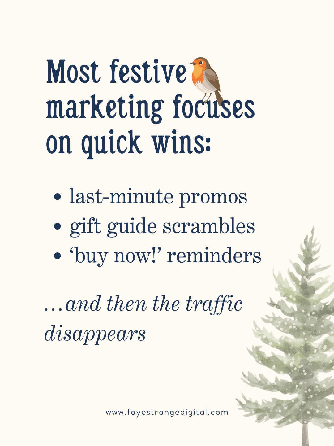 Graphic with a robin and Christmas tree illustration, listing common quick-win festive marketing tactics such as last-minute promos, gift guide scrambles and ‘buy now’ reminders.