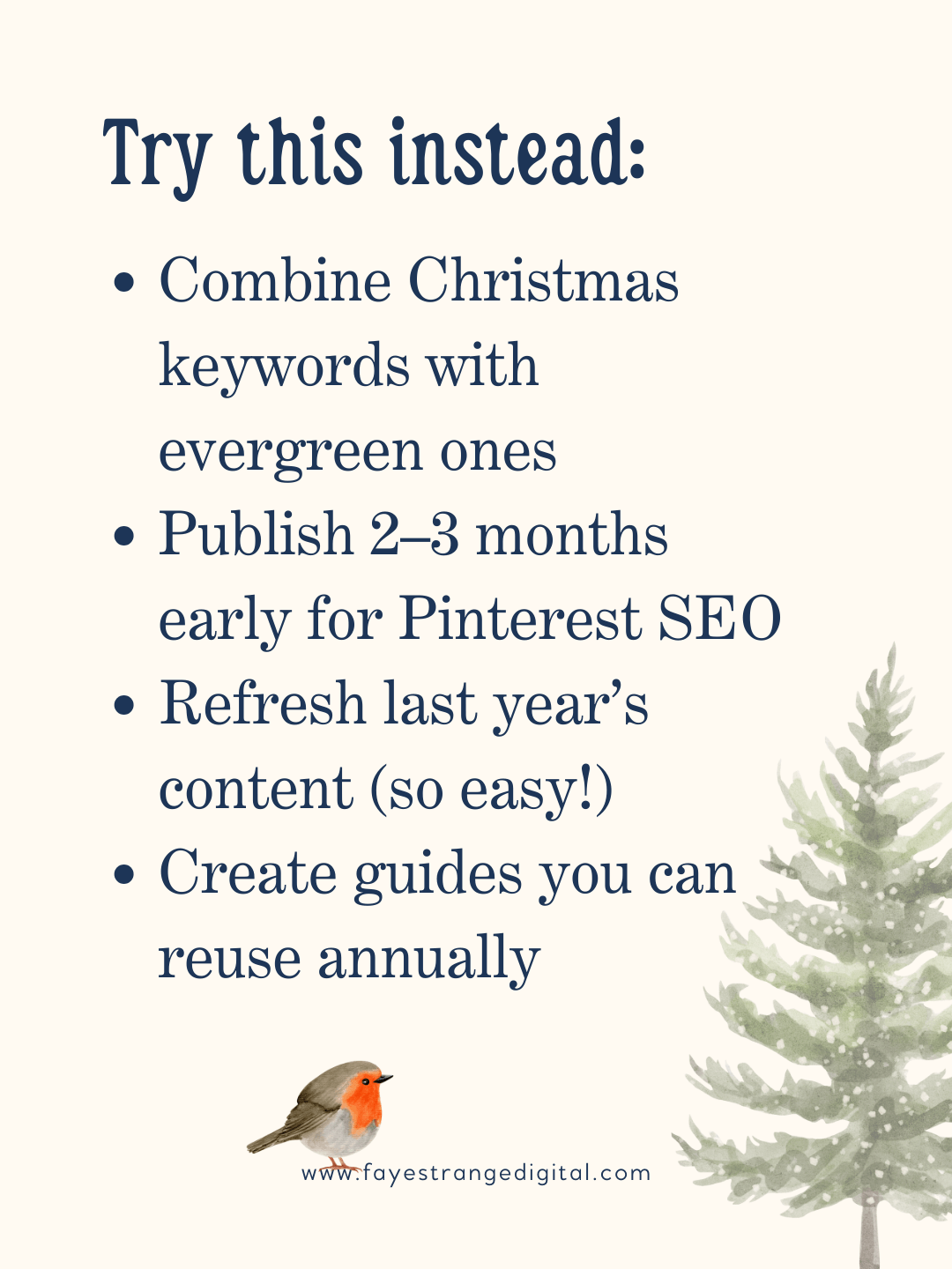 Festive graphic with a robin and Christmas tree suggesting evergreen marketing actions like combining Christmas and evergreen keywords, publishing early for Pinterest SEO, refreshing last year’s content and creating reusable guides.