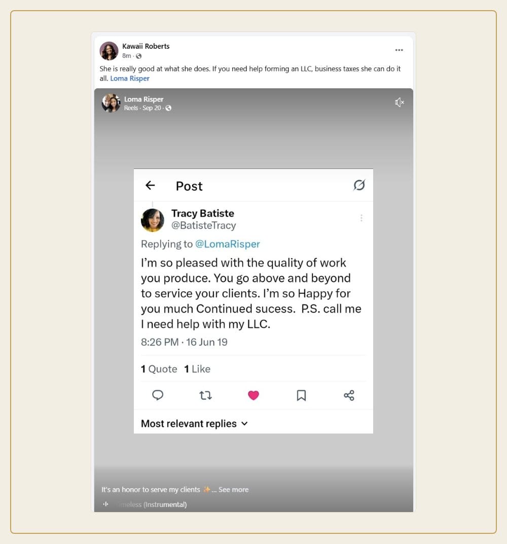 Client testimonial for Loma Risper