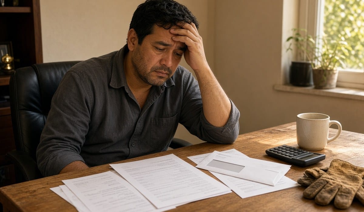 Small landscaping business owner at his home office desk, hand on his forehead, unsure about a pay stub, bills and an official letter
