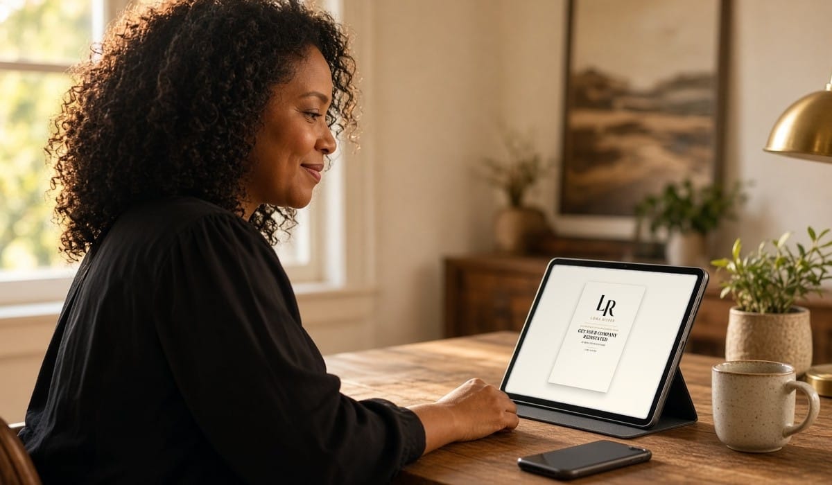 Business owner smiling at a tablet on her desk that shows Loma Risper’s Texas Franchise Tax Reinstatement Guide