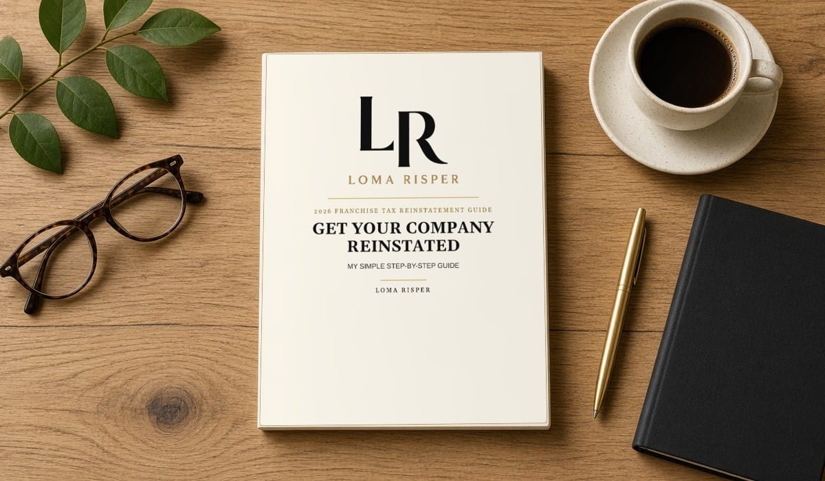 Printed copy of Loma Risper’s Texas Franchise Tax Reinstatement Guide on an oak desk with glasses, coffee and a pen