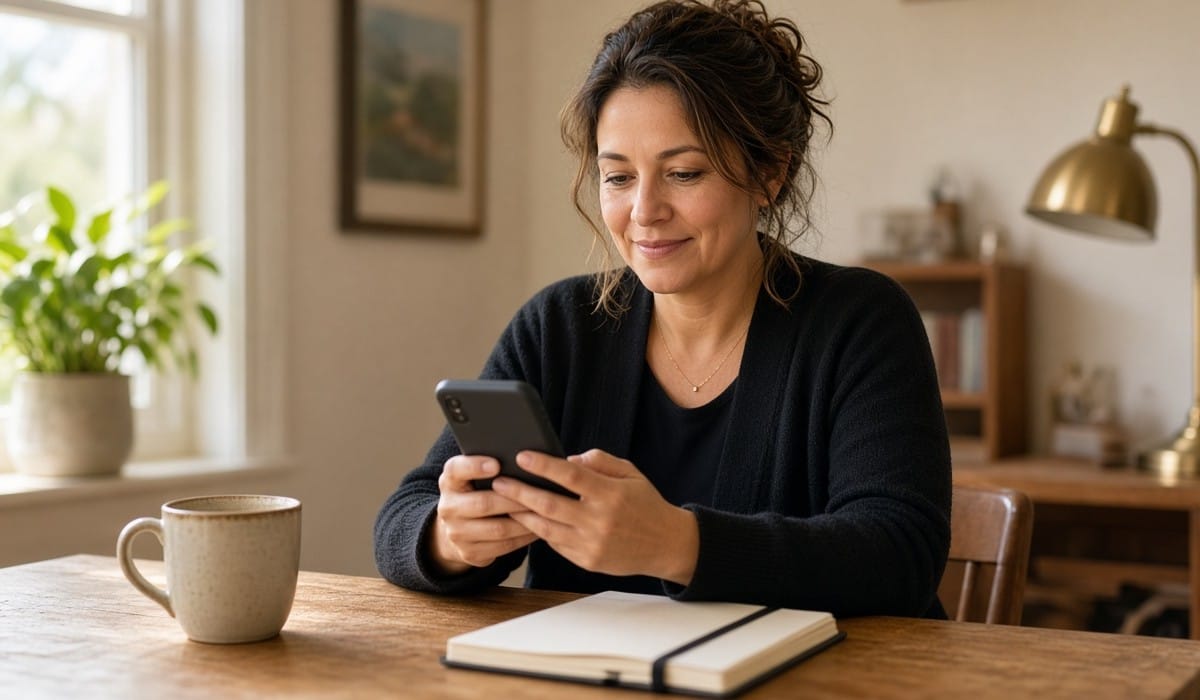 Business owner smiling at her phone at a home office desk, taking a short quiz with a cup of coffee nearby