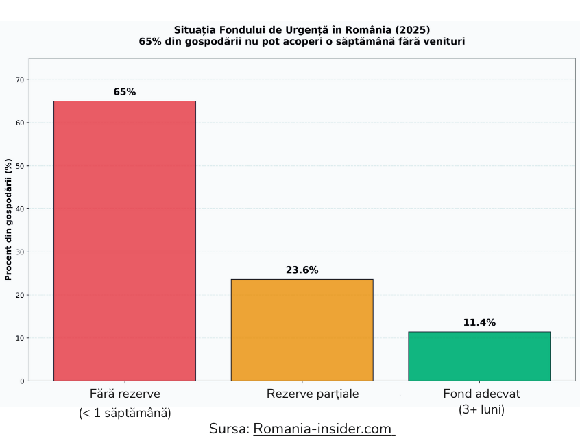 Grafic care arată situația fondului de urgență în România în 2025: 65% dintre gospodării nu pot acoperi nici măcar o săptămână fără venituri, 23,6% au rezerve parțiale, iar doar 11,4% au un fond de urgență adecvat (pentru 3 luni sau mai mult).