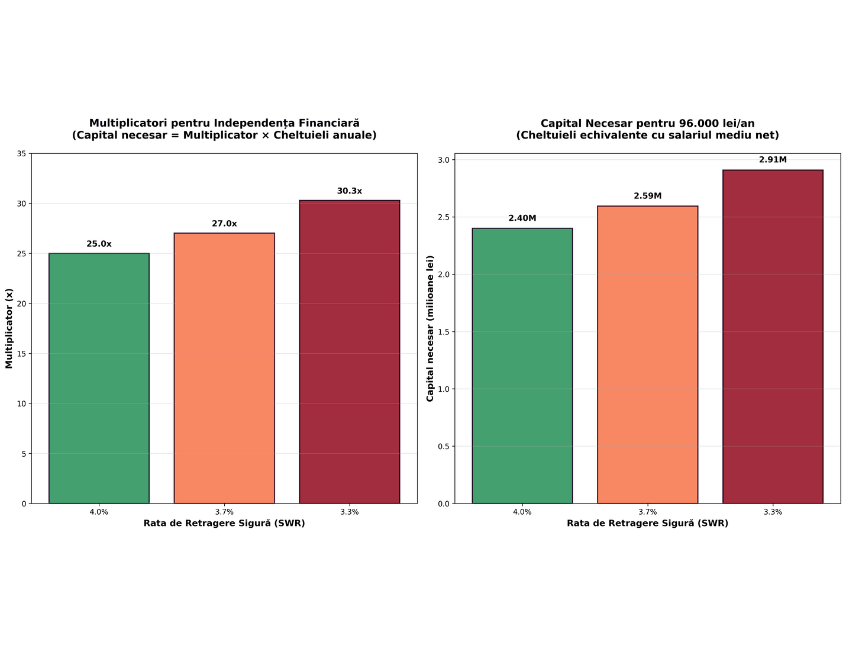 Două grafice comparative care ilustrează capitalul necesar pentru independența financiară în funcție de rata de retragere sigură (SWR). Primul grafic arată multiplicatorii (25x, 27x, 30.3x), iar al doilea prezintă capitalul necesar pentru un venit anual de 96.000 lei, între 2,4 și 2,91 milioane lei..