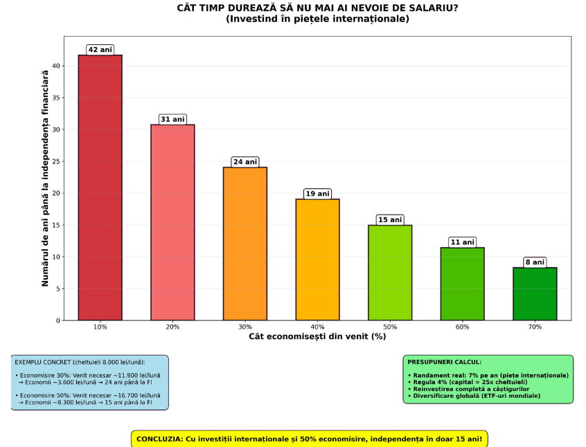 Grafic care arată în câți ani poți atinge independența financiară în funcție de procentul economisit din venit: 42 de ani la 10% economisire, 31 de ani la 20%, până la doar 8 ani la 70%. Se bazează pe investiții internaționale și un randament mediu de 7% anual.