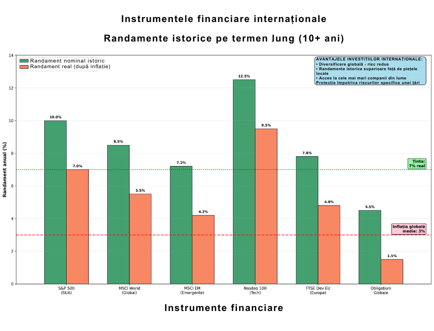 Grafic cu randamente anuale nominale și reale (ajustate la inflație) pentru diverse instrumente financiare internaționale: S&P 500, MSCI World, MSCI EM, Nasdaq 100, FTSE Dev EU și obligațiuni globale. Este evidențiată ținta de 7% randament real și media globală a inflației de 3%. Nasdaq are cel mai mare randament real – 9,5%, iar obligațiunile globale – cel mai scăzut, de 1,5%.