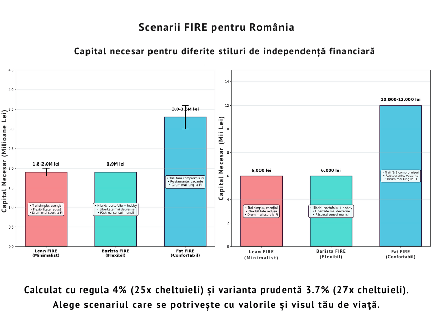 Grafic comparativ cu cele trei scenarii FIRE: Lean FIRE (1,8–2 milioane lei), Barista FIRE (1,9 milioane lei) și Fat FIRE (3–3,5 milioane lei), în funcție de stilul de viață și cheltuieli lunare (6.000–12.000 lei). Sunt evidențiate beneficiile și durata estimată până la independență financiară în fiecare caz.