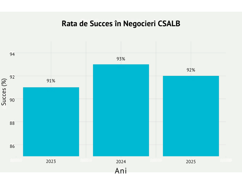 Rata de succes în negocierile CSALB între consumatori și bănci în perioada 2023–2025, cu valori constante de peste 90%.