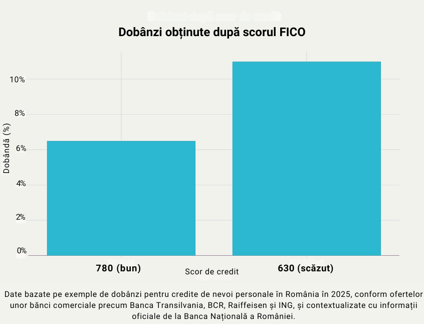 Grafic de tip bară care compară dobânzile obținute la credite în România în 2025 pentru două scoruri FICO: 780 (scor bun) cu dobândă de ~6,5% și 630 (scor scăzut) cu dobândă de ~11%. Ilustrează impactul scorului de credit asupra costurilor de finanțare.