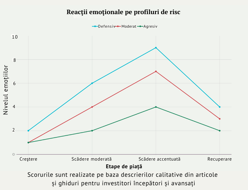 Grafic linie care evidențiază reacțiile emoționale ale investitorilor defensivi, moderați și agresivi în patru etape ale pieței: creștere, scădere moderată, scădere accentuată și recuperare. Informație esențială pentru autocunoaștere și decizii financiare mai bune.