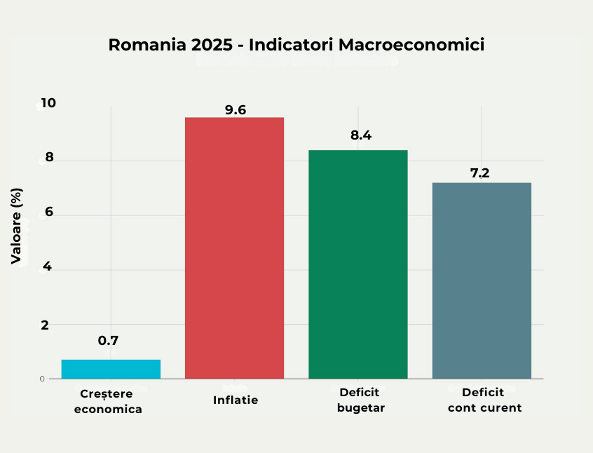 „Indicatori macroeconomici România 2025: inflație, deficit bugetar, deficit de cont curent și creștere economică redusă” „Situația economică a României în 2025: inflație 9,6%, creștere economică 0,7%” „Grafic cu cei mai importanți indicatori economici pentru România în 2025” „Evoluția inflației și a deficitului bugetar în România – previziuni 2025” „Romania 2025 macroeconomic indicators: inflation, budget deficit, current account deficit, low economic growth” „Key economic data for Romania in 2025: 9.6% inflation, 0.7% growth” „Bar chart showing Romania’s macroeconomic outlook for 2025” „Romania’s economic performance in 2025 – financial insights and challenges”