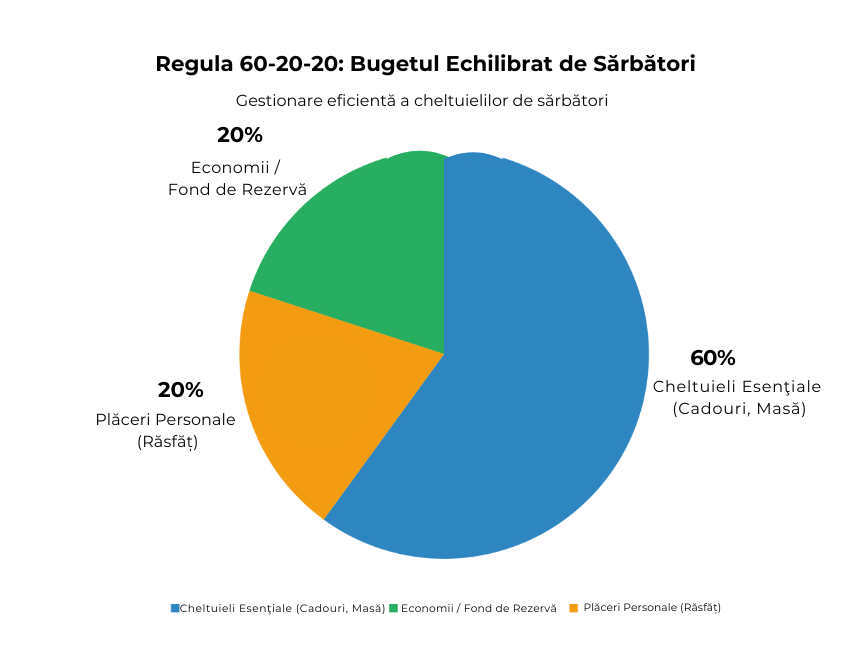 Diagramă circulară care ilustrează alocarea bugetului de sărbători conform regulii 60-20-20: cheltuieli esențiale, economii și plăceri personale. Pie chart illustrating holiday budget allocation using the 60-20-20 rule: essential spending, savings, and personal pleasures.