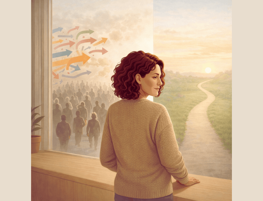 Femeie privind pe fereastră spre un drum liber, în contrast cu mulțimea haotică  Română: Femeie privind spre un drum clar și luminat, alegând propria cale în locul haosului mulțimii. Imagine metaforică pentru independență financiară, decizii conștiente și ieșirea din automatism.  Engleză: Woman looking out the window toward a clear, sunlit path, choosing her own way instead of following the chaotic crowd. Metaphorical image for financial independence, conscious decision-making, and stepping out of autopilot.