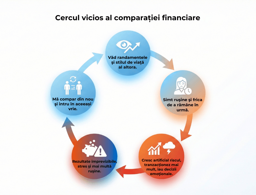 Română: Diagramă cu ciclul psihologic al comparației financiare: observi stilul de viață al altora, simți rușine, iei decizii impulsive, obții rezultate imprevizibile și reintri în cercul vicios. English: Diagram showing the psychological cycle of financial comparison: you observe others’ lifestyles, feel shame, make emotional decisions, get unpredictable results, and re-enter the same comparison loop.