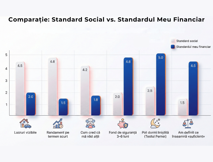 Română: Grafic comparativ între standardul social și propriul standard financiar, evidențiind diferențele dintre dorințele sociale (lucruri vizibile, randamente rapide) și prioritățile personale reale (fond de urgență, liniște financiară, claritate asupra „suficientului”). English: Comparative chart between social standard and personal financial standard, highlighting the gap between social expectations (visible assets, short-term returns) and true personal priorities (emergency fund, financial peace of mind, clear definition of “enough”).