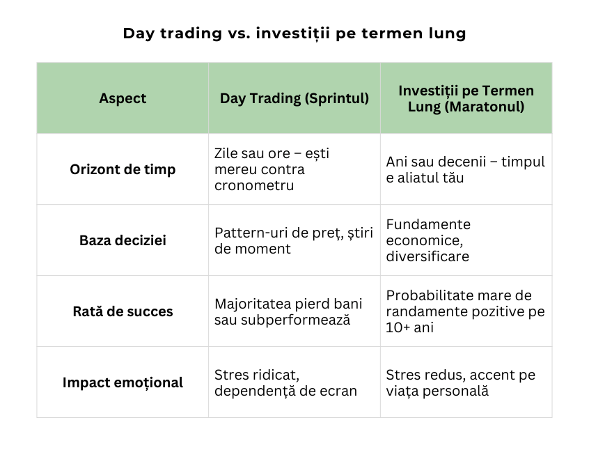 RO: Tabel comparativ între day trading și investițiile pe termen lung, care evidențiază diferențe privind orizontul de timp, baza deciziilor, rata de succes și impactul emoțional, subliniind avantajele investițiilor pe termen lung pentru stabilitate financiară.  EN: Comparison table between day trading and long-term investing, highlighting differences in time horizon, decision-making basis, success rate, and emotional impact, emphasizing the benefits of long-term investing for financial stability.