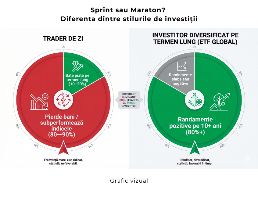 RO: Diagramă comparativă între traderul de zi, care pierde bani în 80–90% din cazuri, și investitorul diversificat în ETF-uri globale, care are peste 80% șanse de randamente pozitive pe termen lung.  EN: Comparative chart between a day trader, who loses money in 80–90% of cases, and a diversified long-term investor in global ETFs, with over 80% probability of positive long-term returns.