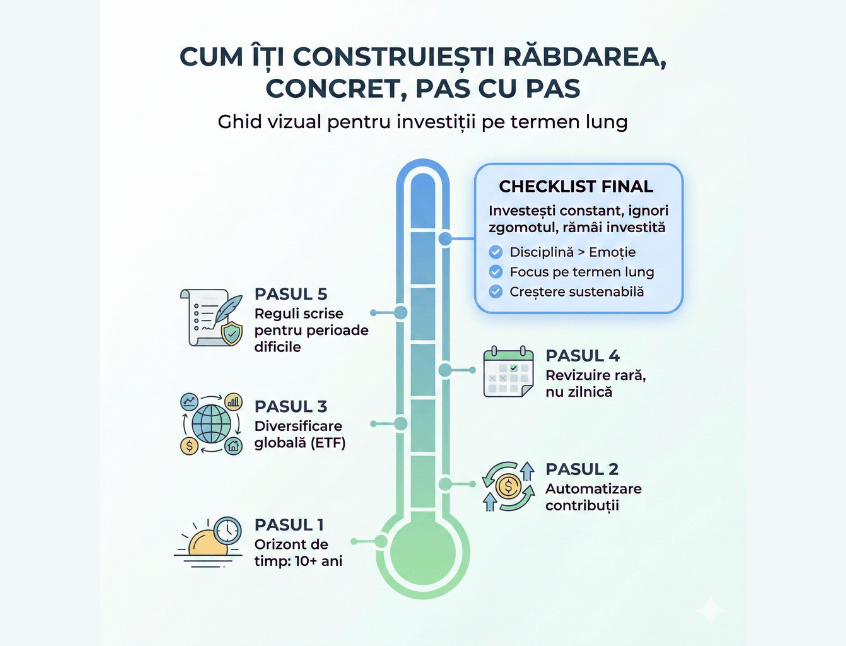 RO: Infografic cu 5 pași pentru dezvoltarea răbdării în investițiile pe termen lung: orizont de timp de peste 10 ani, automatizare, diversificare globală, revizuire rară și reguli pentru perioade dificile.  EN: Infographic showing 5 steps to build patience in long-term investing: 10+ year time horizon, automation, global diversification, infrequent reviews, and rules for difficult periods.