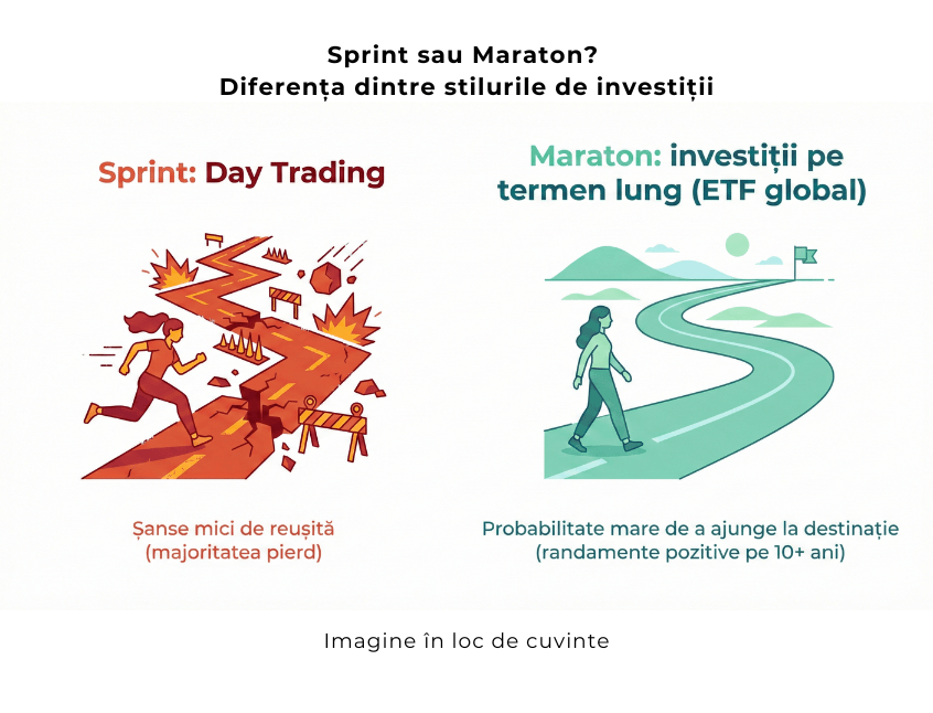 RO: Ilustrație care compară day trading-ul, reprezentat ca un drum periculos și imprevizibil, cu investițiile pe termen lung în ETF-uri globale, ilustrate ca un traseu stabil spre obiective financiare.  EN: Illustration comparing day trading, shown as a risky and unpredictable path, with long-term global ETF investing, represented as a stable road toward financial goals.