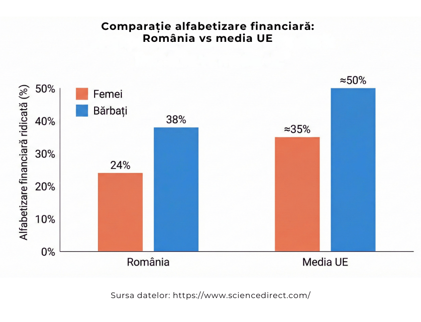 RO: Comparație între nivelul de alfabetizare financiară în România și media Uniunii Europene, pe gen, arătând diferențe între femei și bărbați și decalajul față de media europeană. EN: Comparison of financial literacy levels in Romania versus the European Union average, by gender, showing differences between women and men and the gap compared to the EU average.