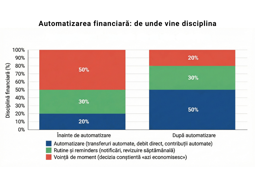RO: Grafic cu bare suprapuse care arată sursele disciplinei financiare înainte și după automatizare: înainte, disciplina este bazată în proporție de 50% pe voința de moment, iar după automatizare, 50% provine din transferuri automate și sisteme financiare recurente. EN: Stacked bar chart showing sources of financial discipline before and after automation: before automation, discipline relies 50% on willpower, while after automation, 50% comes from automated transfers and recurring financial systems.