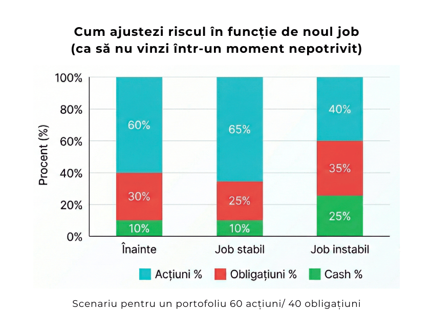 Ajustarea portofoliului 60/40 în funcție de stabilitatea jobului  ALT RO: Grafic cu bare care arată cum ajustezi un portofoliu 60% acțiuni / 40% obligațiuni în funcție de stabilitatea jobului: creșterea ponderii cash-ului și reducerea acțiunilor în cazul unui job instabil pentru protecția capitalului.  ALT EN: Bar chart showing how to adjust a 60% stocks / 40% bonds portfolio based on job stability: increasing cash allocation and reducing stocks when employment becomes unstable to protect capital.