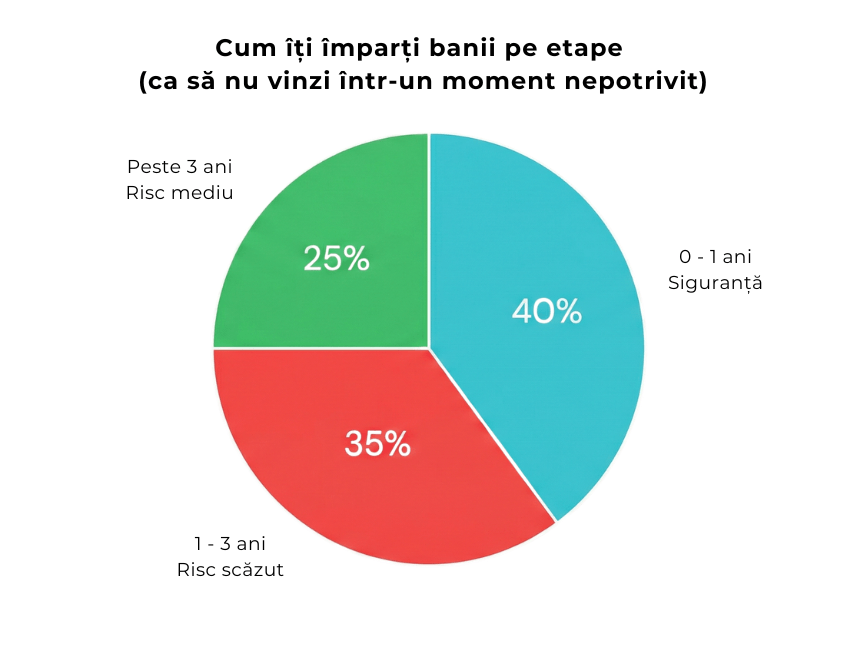 Împărțirea banilor pe etape pentru a evita vânzarea în pierdere  ALT RO: Grafic circular care explică cum îți împarți banii pe etape pentru a evita vânzarea investițiilor în pierdere: 40% fond de siguranță (0–1 an), 35% investiții cu risc scăzut (1–3 ani) și 25% investiții cu risc mediu (peste 3 ani).  ALT EN: Pie chart explaining how to allocate money by time horizon to avoid selling investments at a loss: 40% emergency fund (0–1 year), 35% low-risk investments (1–3 years), and 25% medium-risk investments (over 3 years).