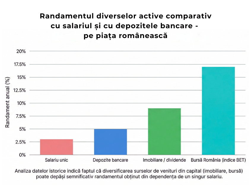 Randamentul activelor comparativ cu salariul  ALT RO: Grafic comparativ al randamentului anual al diferitelor surse de venit pe piața românească: salariu (~3%), depozite bancare (~5%), imobiliare/dividende (~9%) și investiții la bursă prin indicele BET (~17%).  ALT EN: Comparative chart of annual returns from different income sources in Romania: salary (~3%), bank deposits (~5%), real estate/dividends (~9%), and stock market investments via the BET index (~17%).
