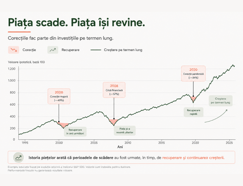 Grafic despre recuperarea piețelor bursiere după scăderi majore, evidențiind corecțiile din 2000, criza financiară din 2008 și pandemia din 2020, urmate de revenirea și continuarea creșterii pe termen lung a pieței. Chart showing stock market recovery after major downturns, highlighting the 2000 correction, the 2008 financial crisis, and the 2020 pandemic crash, followed by long-term market recovery and continued growth.
