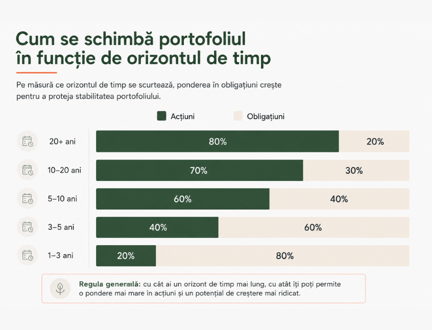 Grafic despre structura portofoliului în funcție de orizontul de timp, arătând cum ponderea acțiunilor scade și cea a obligațiunilor crește pe măsură ce obiectivul financiar se apropie. Chart about portfolio allocation based on time horizon, showing how stock exposure decreases and bond allocation increases as the financial goal gets closer.