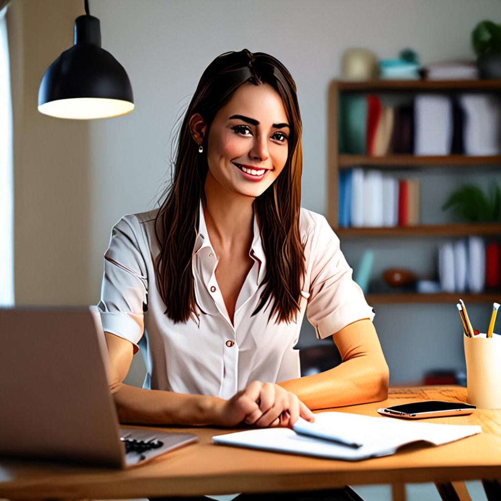 woman laptop portrait warm workspace