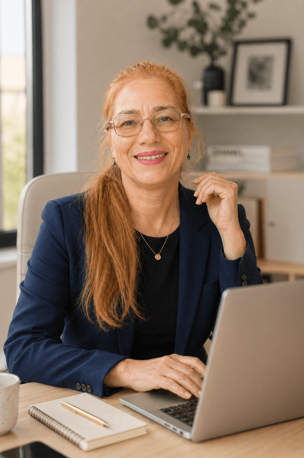 Ildiko Ludmann, la birou, cu laptopul deschis