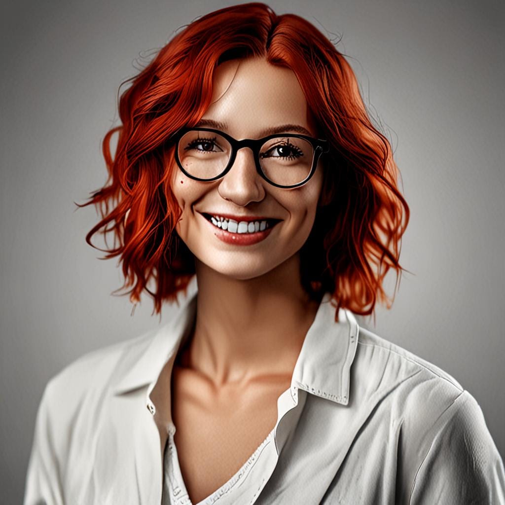smiling woman portrait, red hair, glasses