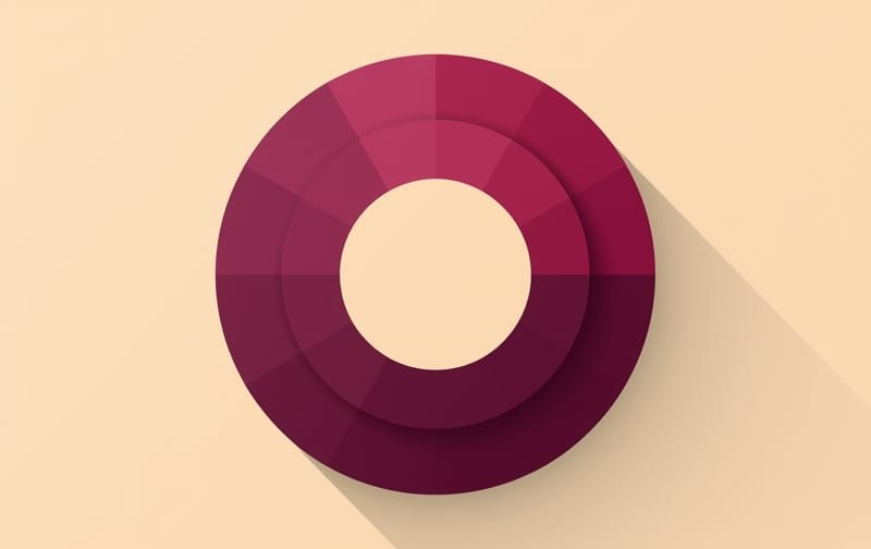 flat vector wheel chart with ten segments and four concentric rings, deep plum and raspberry segments on warm cream background, clean minimal style, no text