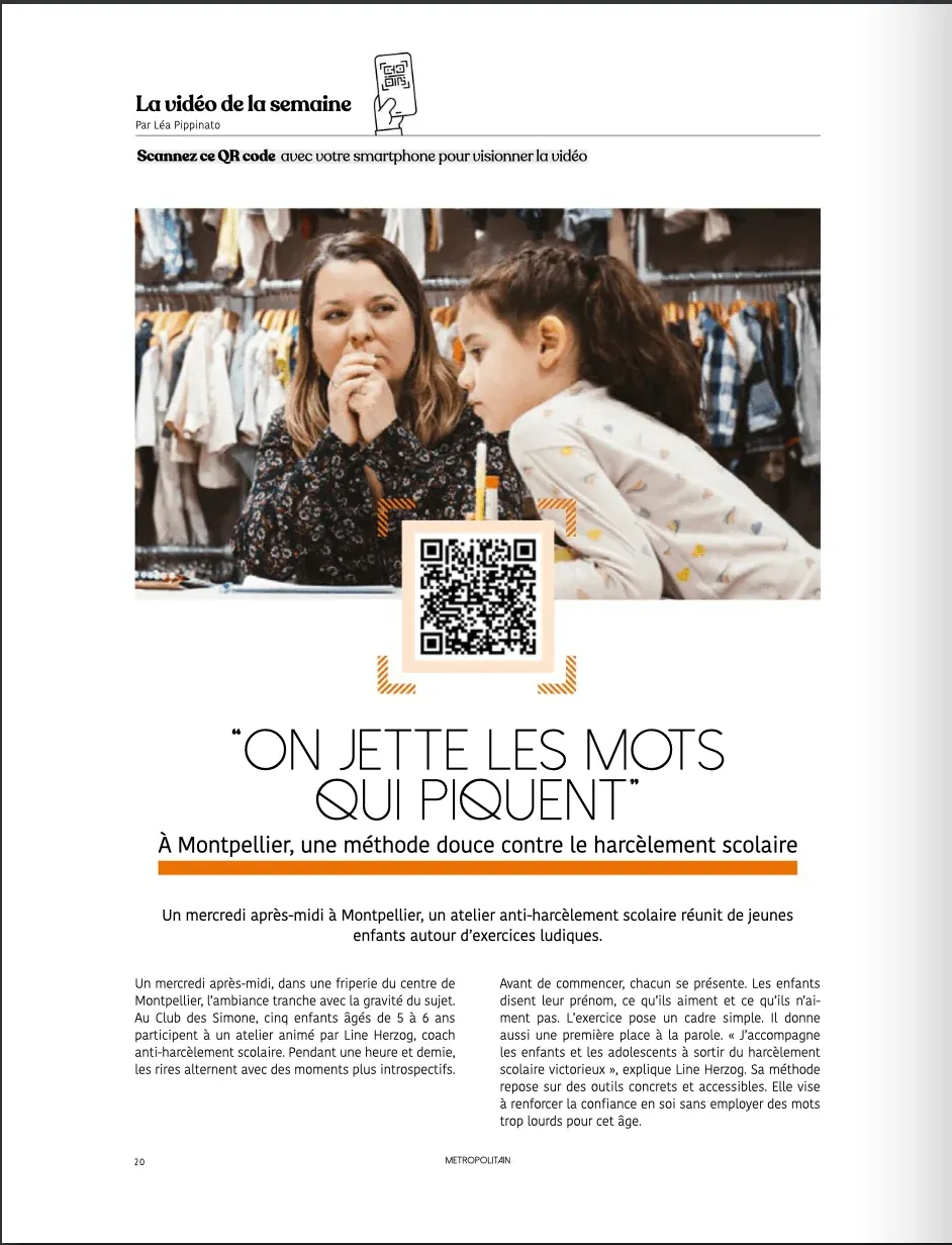 Page du journal Le Métropolitain : « On jette les mots qui piquent », reportage sur l'atelier anti-harcèlement de Line Herzog à Montpellier