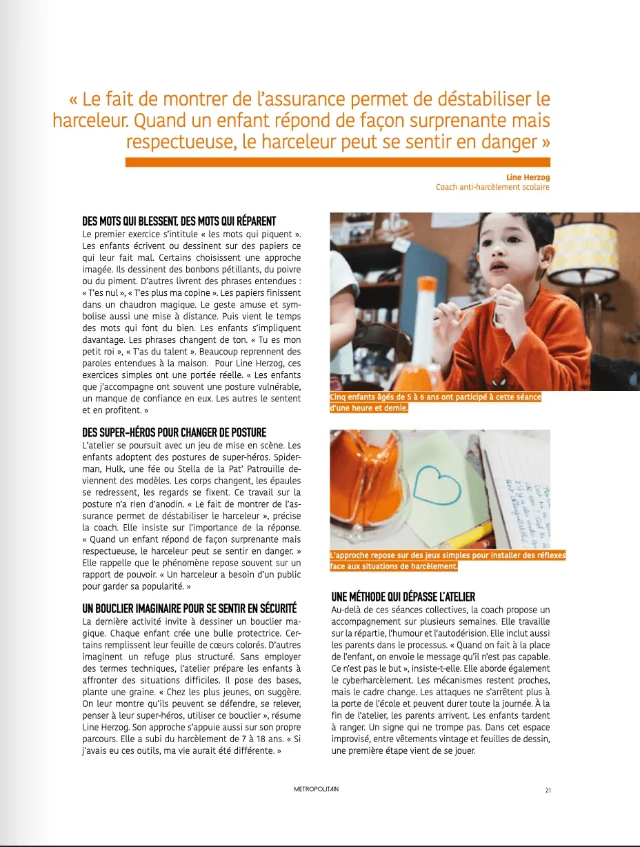 Double page du Métropolitain détaillant la méthode de Line Herzog face au harcèlement scolaire