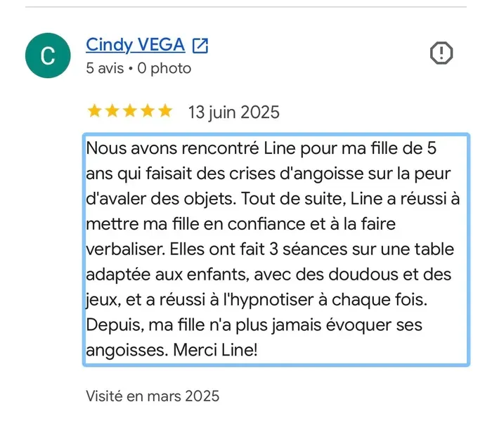 Avis Google 5 étoiles : Accompagnement des phobies et angoisses de l'enfant à Montpellier