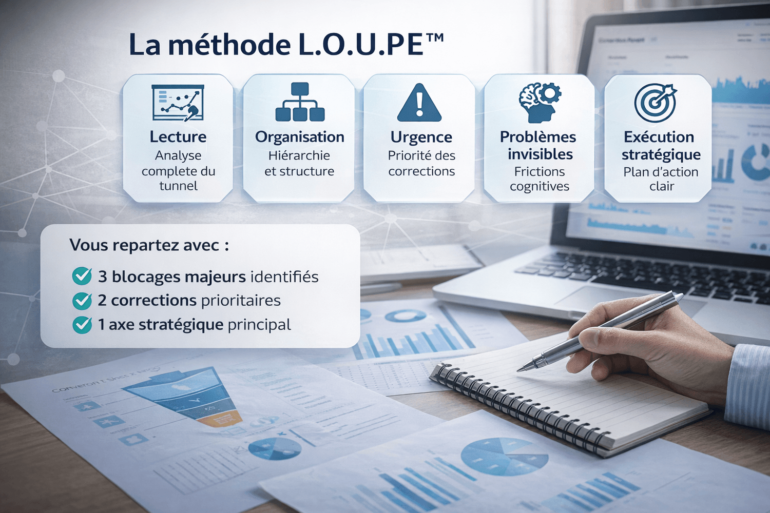 Schéma de la méthode L.O.U.P.E pour audit de tunnel Systeme.io : analyse, hiérarchie, priorités et plan d’action conversion.