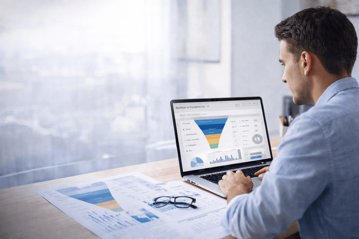 Entrepreneur utilisant Systeme.io et analysant les conversions de son tunnel de vente sur ordinateur, recherche de blocages et optimisation.