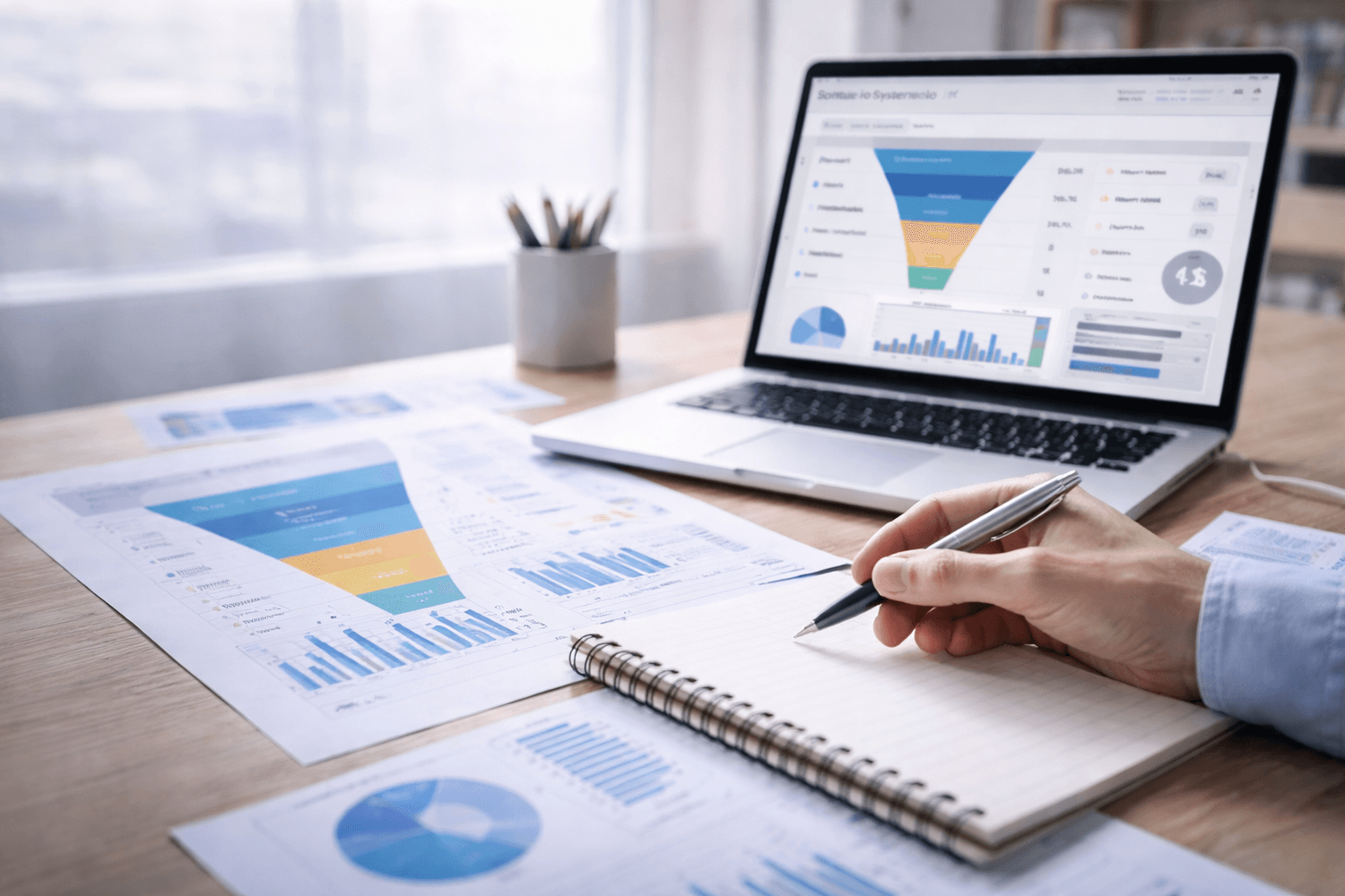 Analyse stratégique d’un tunnel Systeme.io sur écran d’analytics pour améliorer la conversion et la hiérarchie des sections.