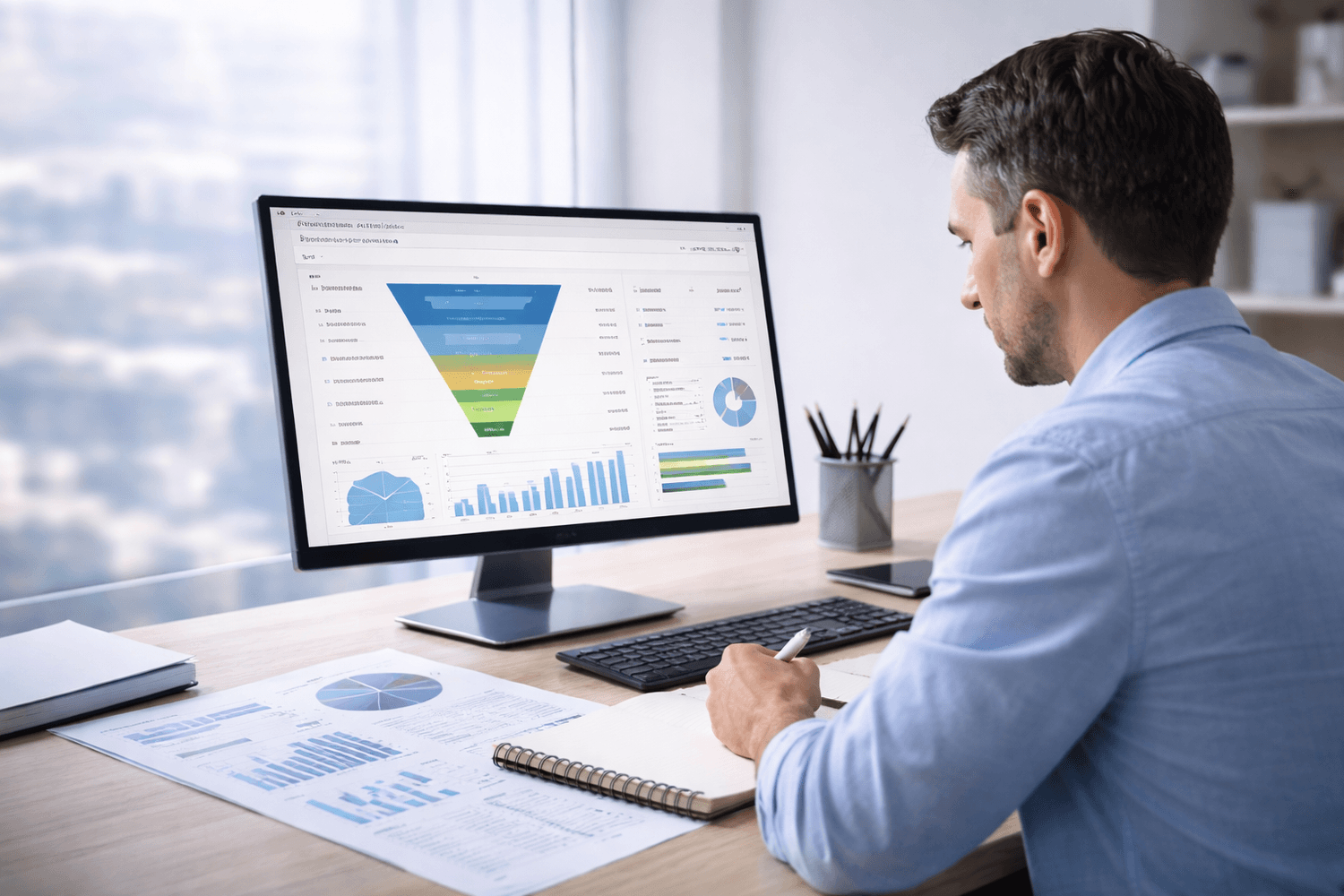 Analyse stratégique d’un tunnel de vente Systeme.io sur écran d’analytics, audit et optimisation de conversion.