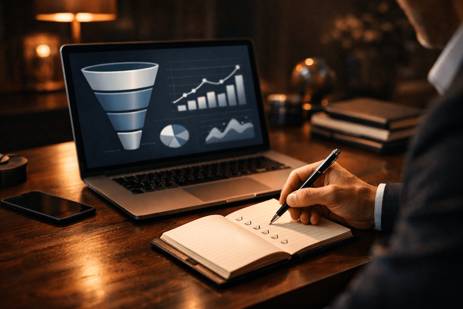 Consultant en marketing digital réalisant une lecture stratégique d’un tunnel de vente sur Systeme.io avec analyse de conversion et structure optimisée