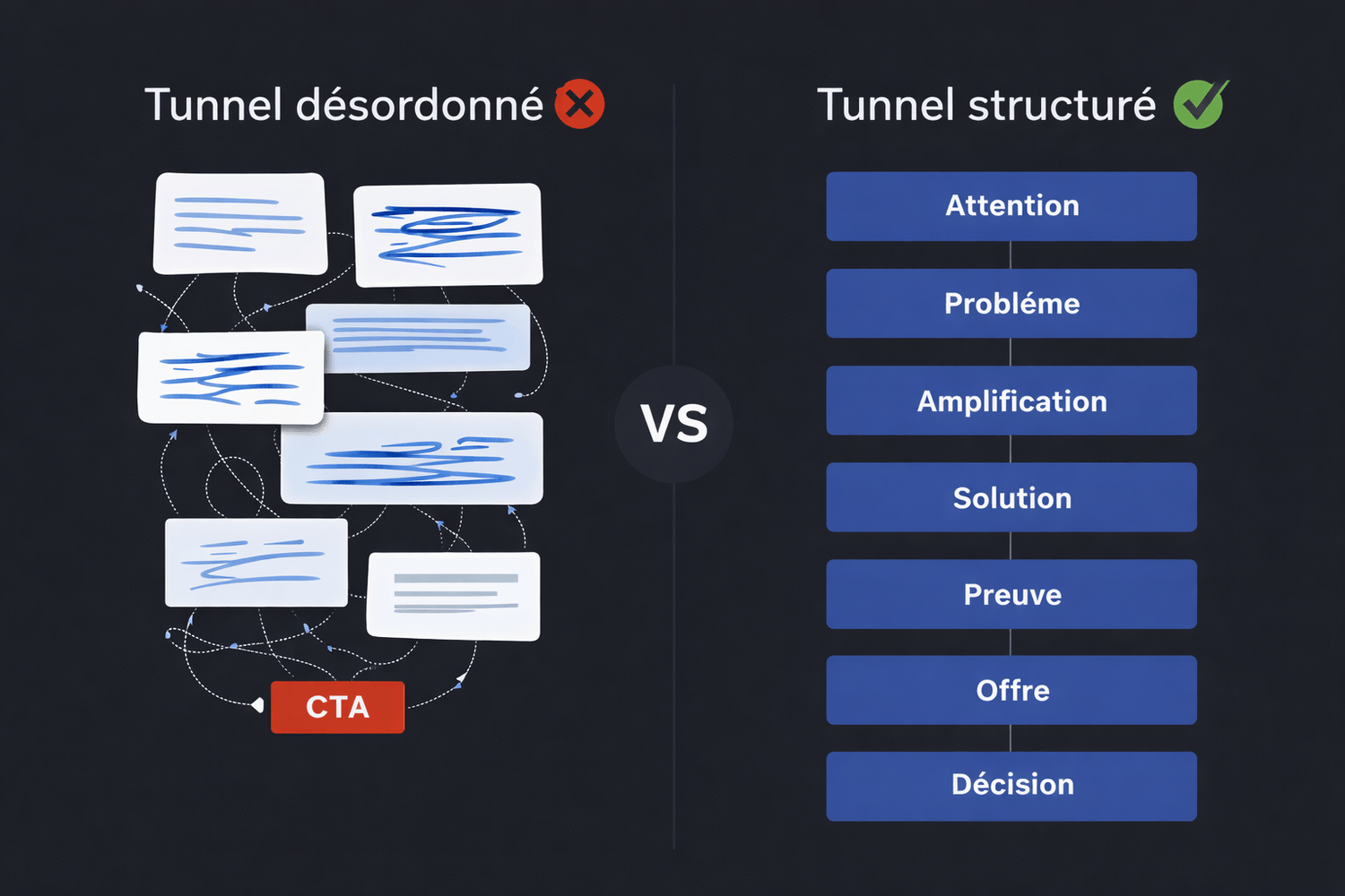 Comparaison entre un tunnel Systeme.io désordonné et un tunnel structuré optimisé pour la conversion