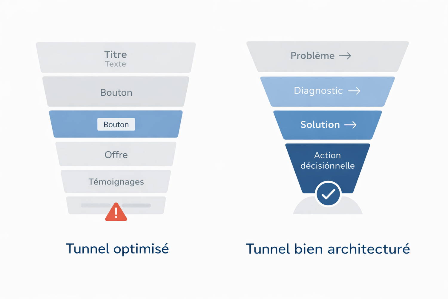 infographie comparant tunnel de vente optimisé et tunnel de vente bien architecturé montrant la structure stratégique et la hiérarchie de conversion