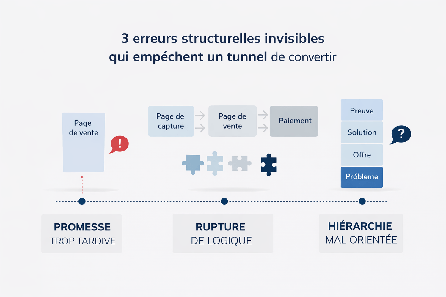 Infographie montrant trois erreurs structurelles invisibles dans un tunnel de vente : promesse trop tardive, rupture de logique entre les pages et hiérarchie d’information mal orientée